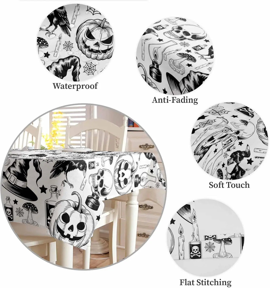 Halloween Pumpkin Spiderweb Skull Witch Hat Waterproof Tablecloth Table Decor Farmhouse Kitchen Dining Table Cloth Party Decor