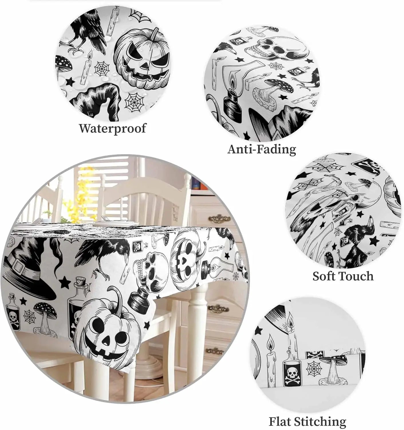 Halloween Pumpkin Spiderweb Skull Witch Hat Waterproof Tablecloth Table Decor Farmhouse Kitchen Dining Table Cloth Party Decor