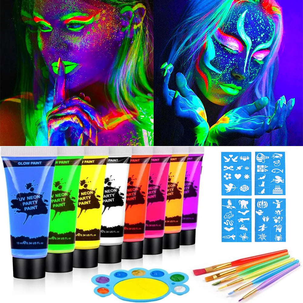 UV Neon Face Body Paint Glow in the Dark Makeup Set Fluorescent Painting for Adults Festivals Party Halloween Christmas