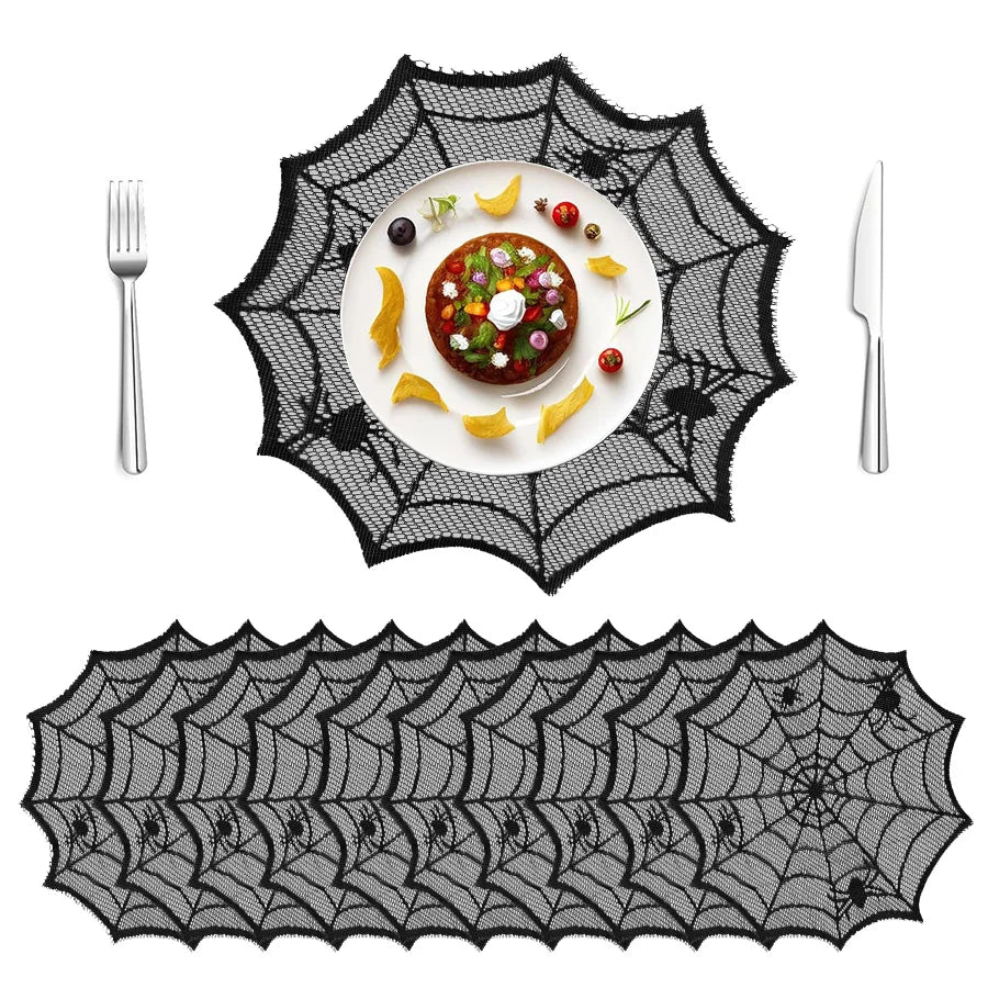 4pcs Halloween Spider Web Black Lace Placemats Halloween Party Home Dinner Table Decoration Polyester Cup Plate Mats Tablecloth