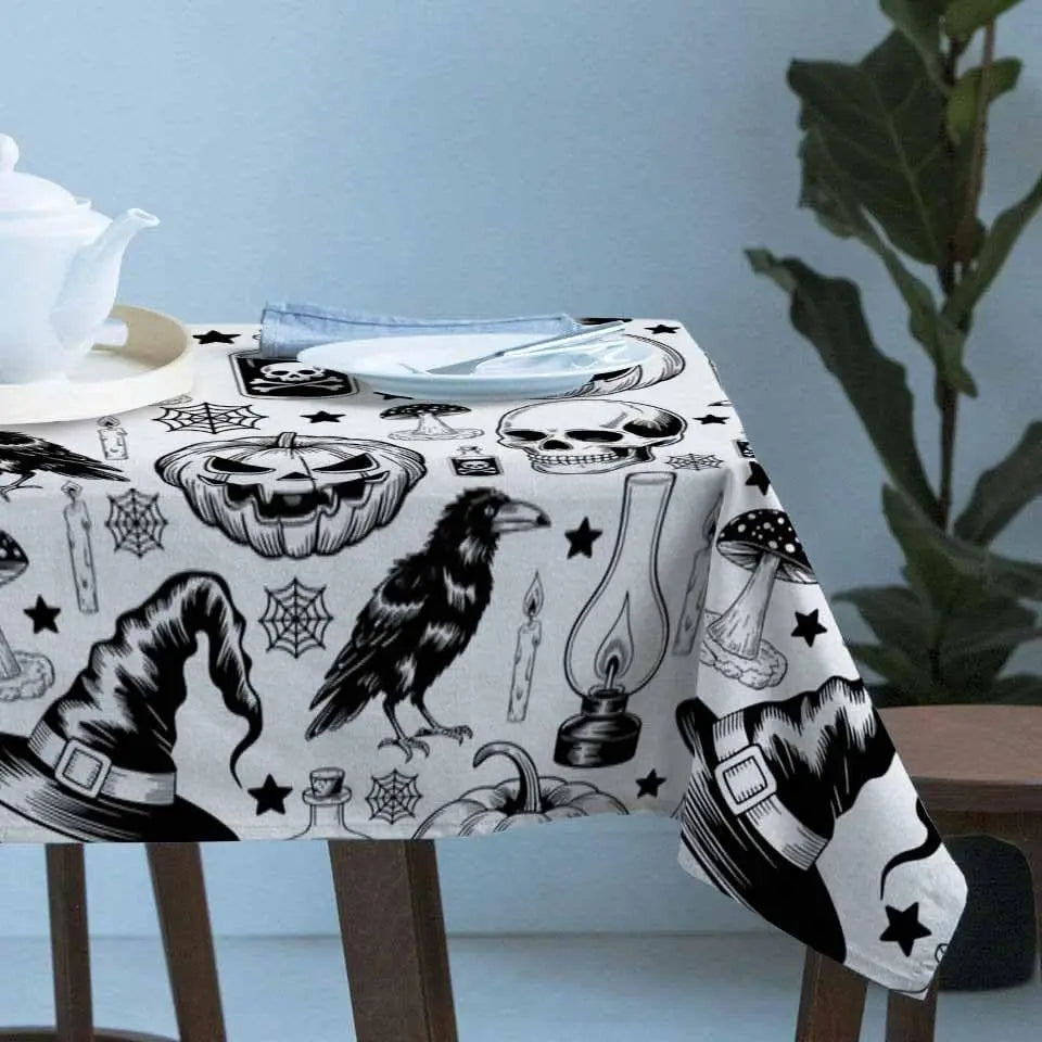 Halloween Pumpkin Spiderweb Skull Witch Hat Waterproof Tablecloth Table Decor Farmhouse Kitchen Dining Table Cloth Party Decor