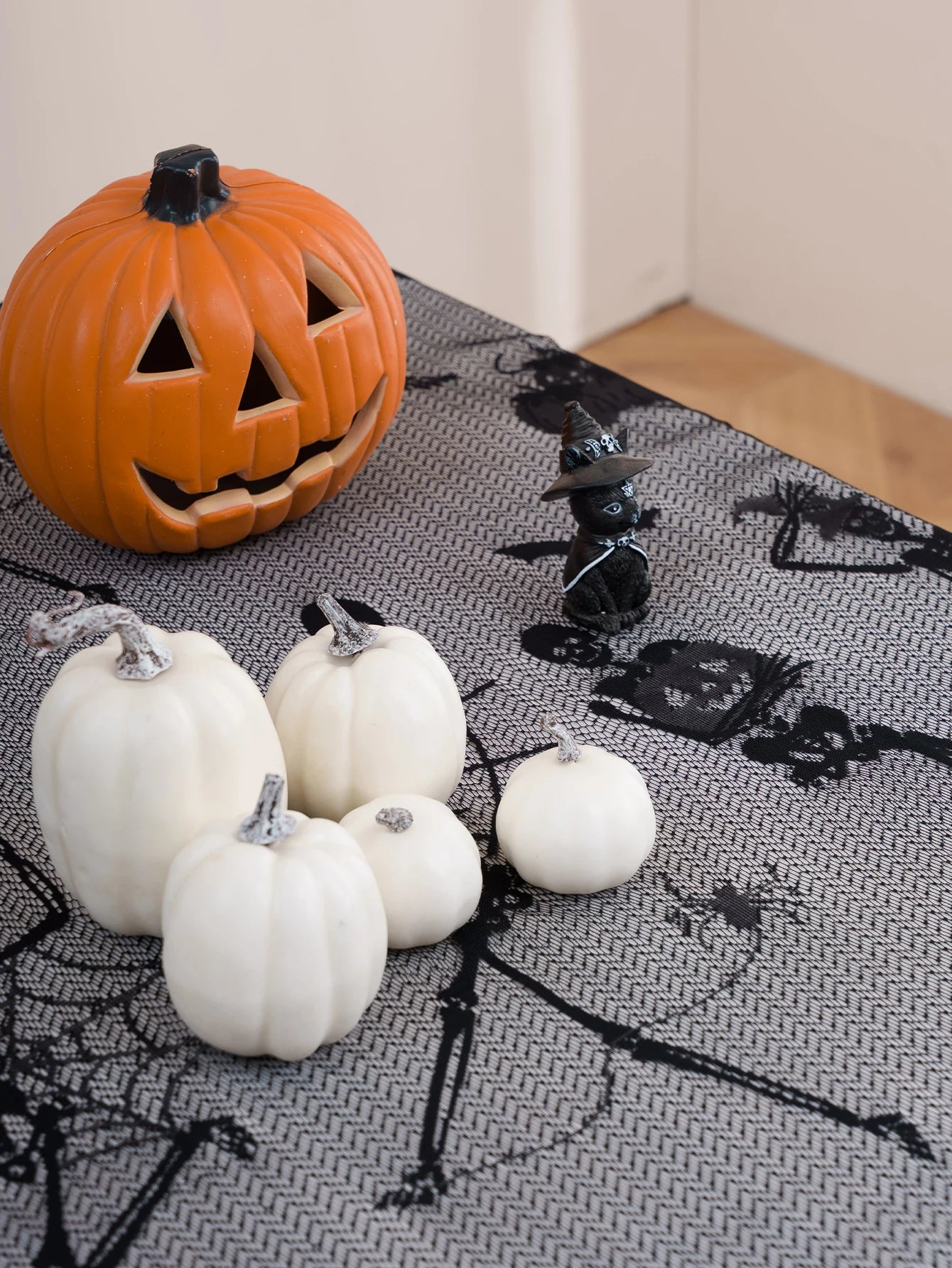 Halloween Black Skeleton Lace Tablecloth Decoration for Living Room, Bedroom, Night Terror Atmosphere