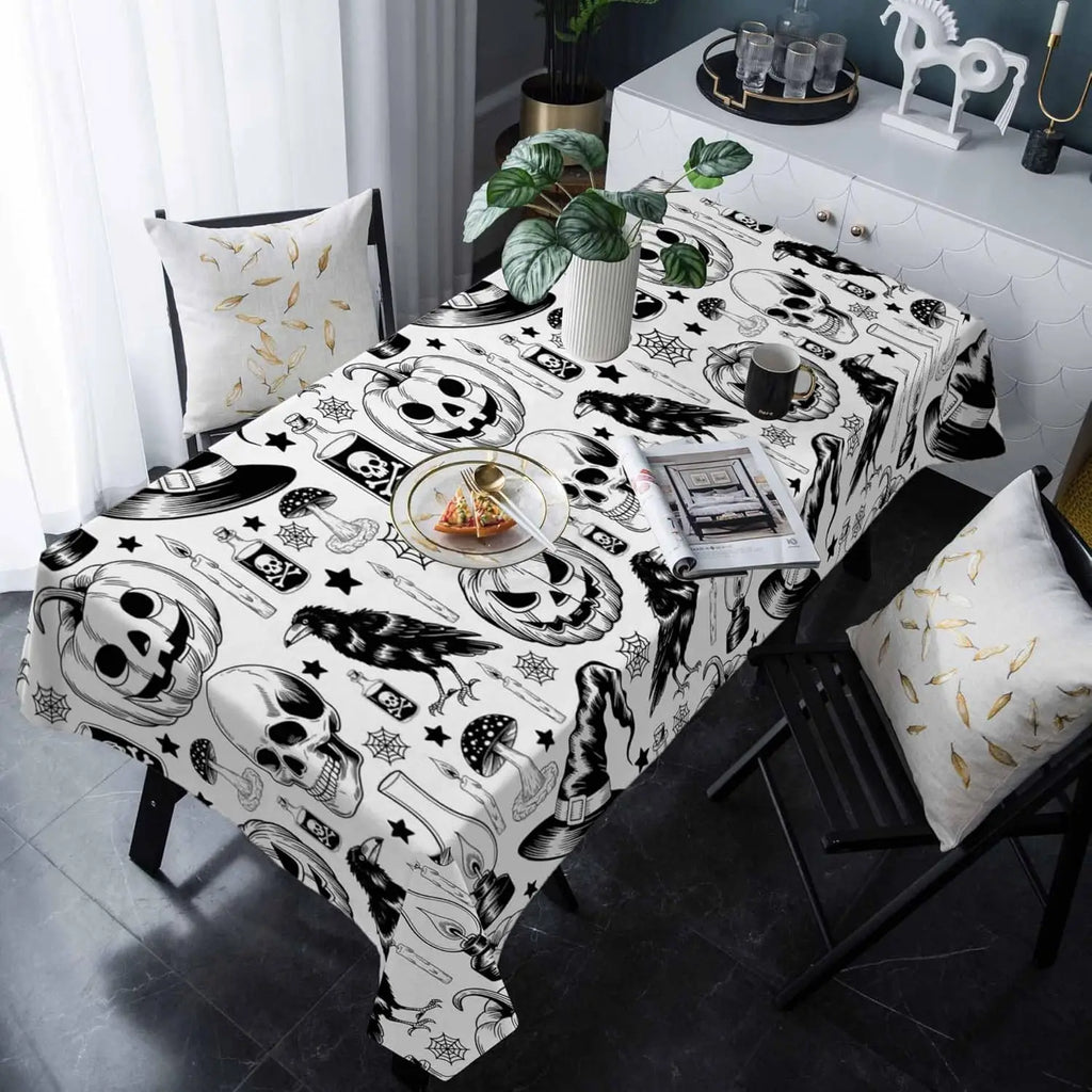Halloween Pumpkin Spiderweb Skull Witch Hat Waterproof Tablecloth Table Decor Farmhouse Kitchen Dining Table Cloth Party Decor