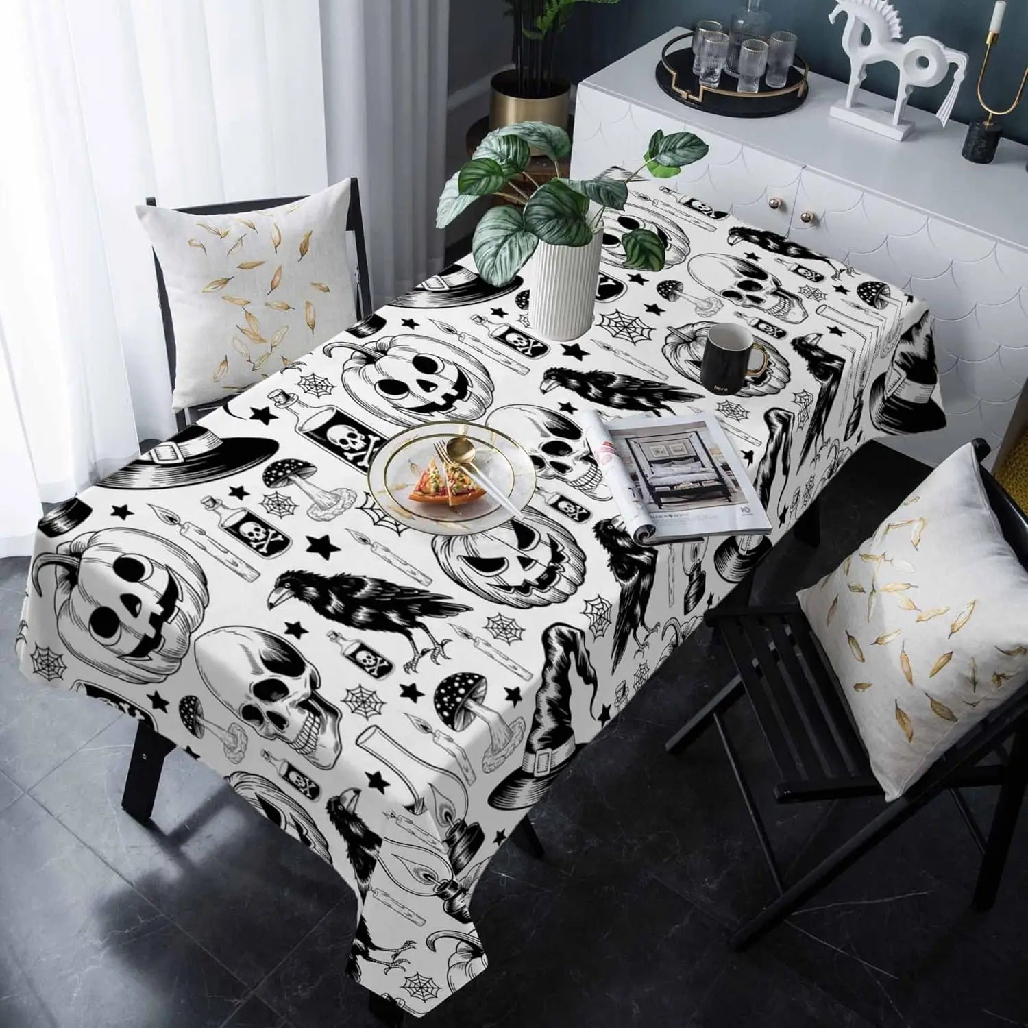 Halloween Pumpkin Spiderweb Skull Witch Hat Waterproof Tablecloth Table Decor Farmhouse Kitchen Dining Table Cloth Party Decor