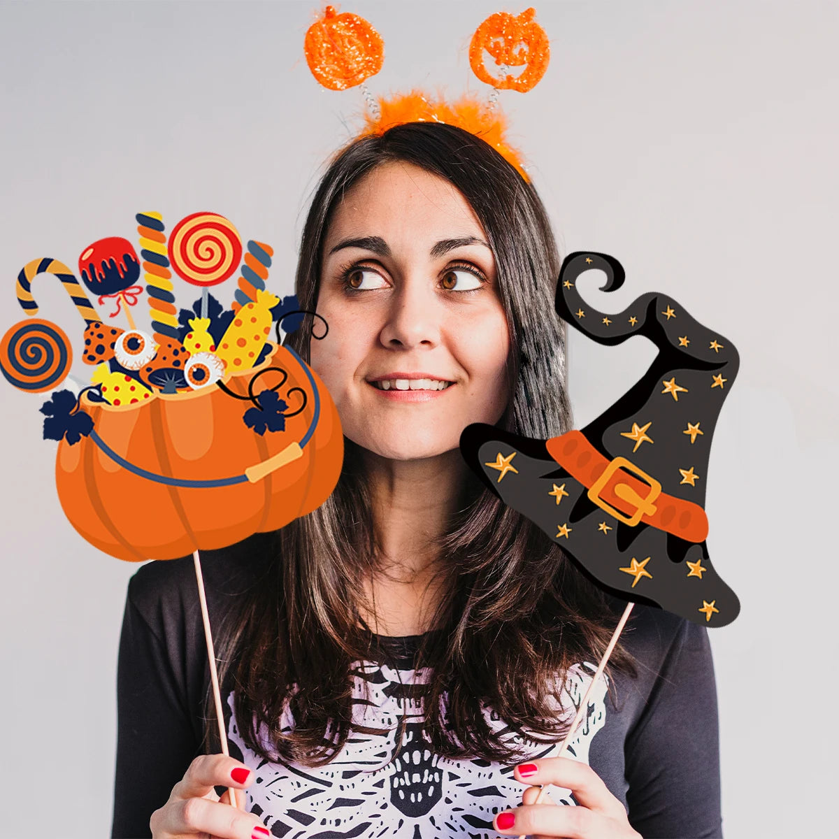 1set Halloween Party Photo Booth Props Kit Pumpkin Skull shape Funny Selfie Prop Halloween Party Decorations Haunted House Props