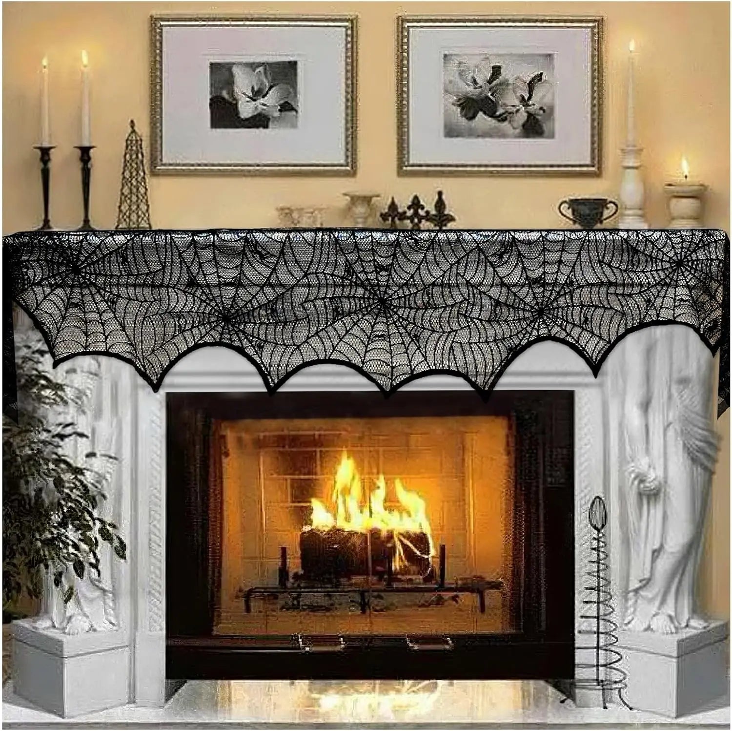 AerWo Halloween Decoration Black Lace Spiderweb Fireplace Mantle Scarf Cover Festive Party Supplies 45 X 243cm 18 x 96 inch