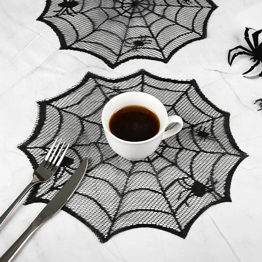 4pcs Halloween Spider Web Black Lace Placemats Halloween Party Home Dinner Table Decoration Polyester Cup Plate Mats Tablecloth