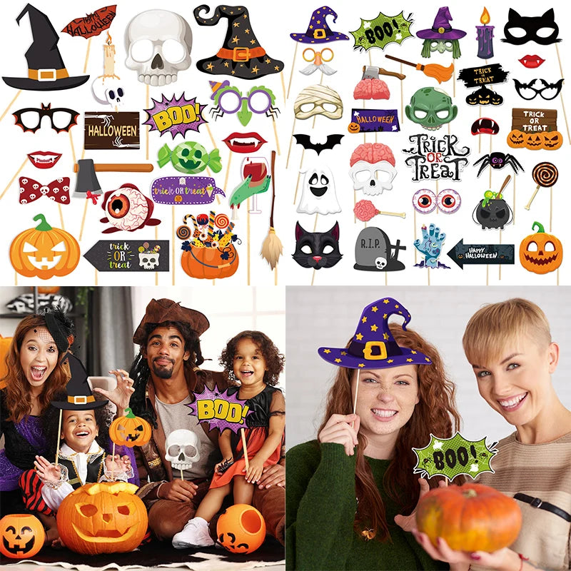 1set Halloween Party Photo Booth Props Kit Pumpkin Skull shape Funny Selfie Prop Halloween Party Decorations Haunted House Props