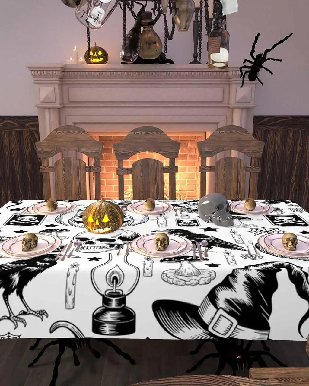 Halloween Pumpkin Spiderweb Skull Witch Hat Waterproof Tablecloth Table Decor Farmhouse Kitchen Dining Table Cloth Party Decor