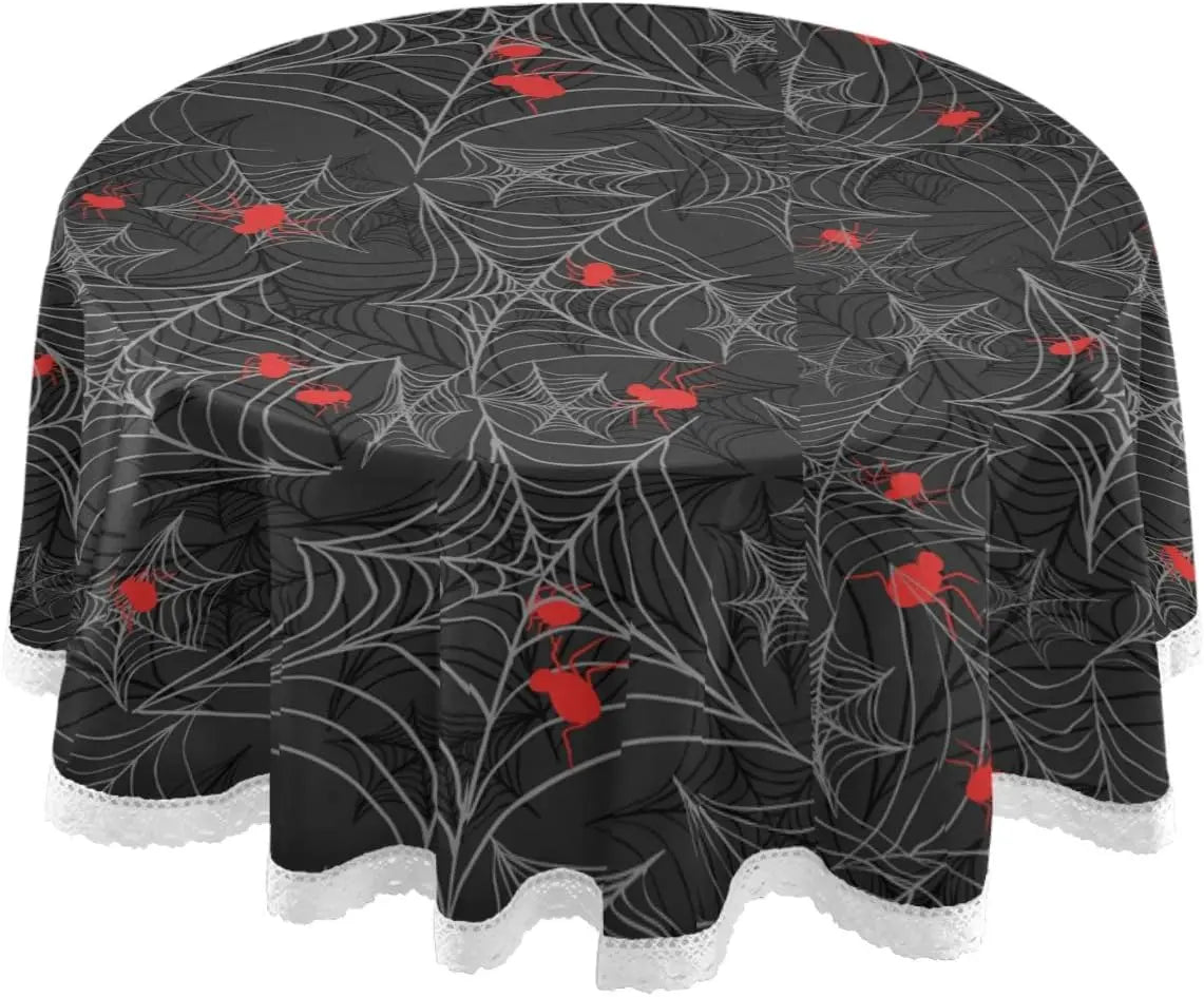 Red Spider Black Style Round Table Cloth, Halloween Horror White Lace Tablecloth Round Table 60 Inch for Dinner Table Decor