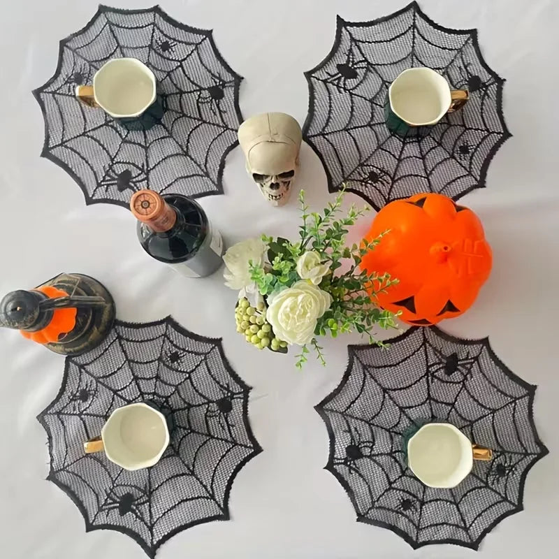 4pcs Halloween Spider Web Black Lace Placemats Halloween Party Home Dinner Table Decoration Polyester Cup Plate Mats Tablecloth