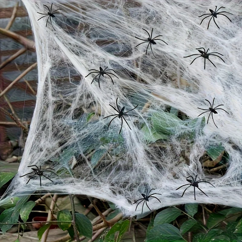 Halloween Artificial Stretchy Spider Web Cobweb with Spiders Horror Gothic Haunted House Party Decor Scary Props Accessories