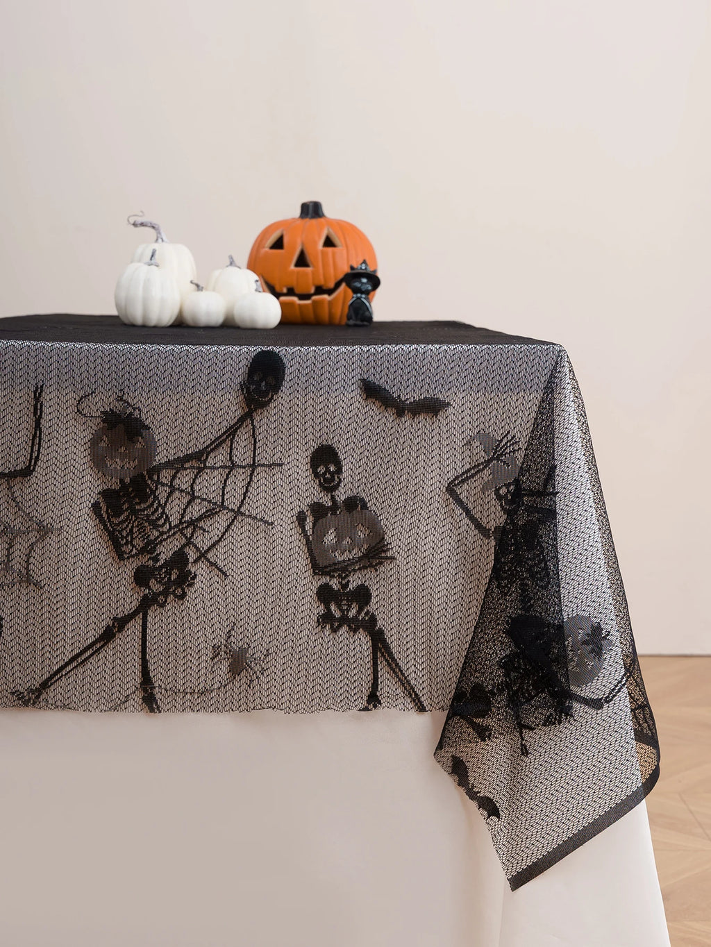 Halloween Black Skeleton Lace Tablecloth Decoration for Living Room, Bedroom, Night Terror Atmosphere