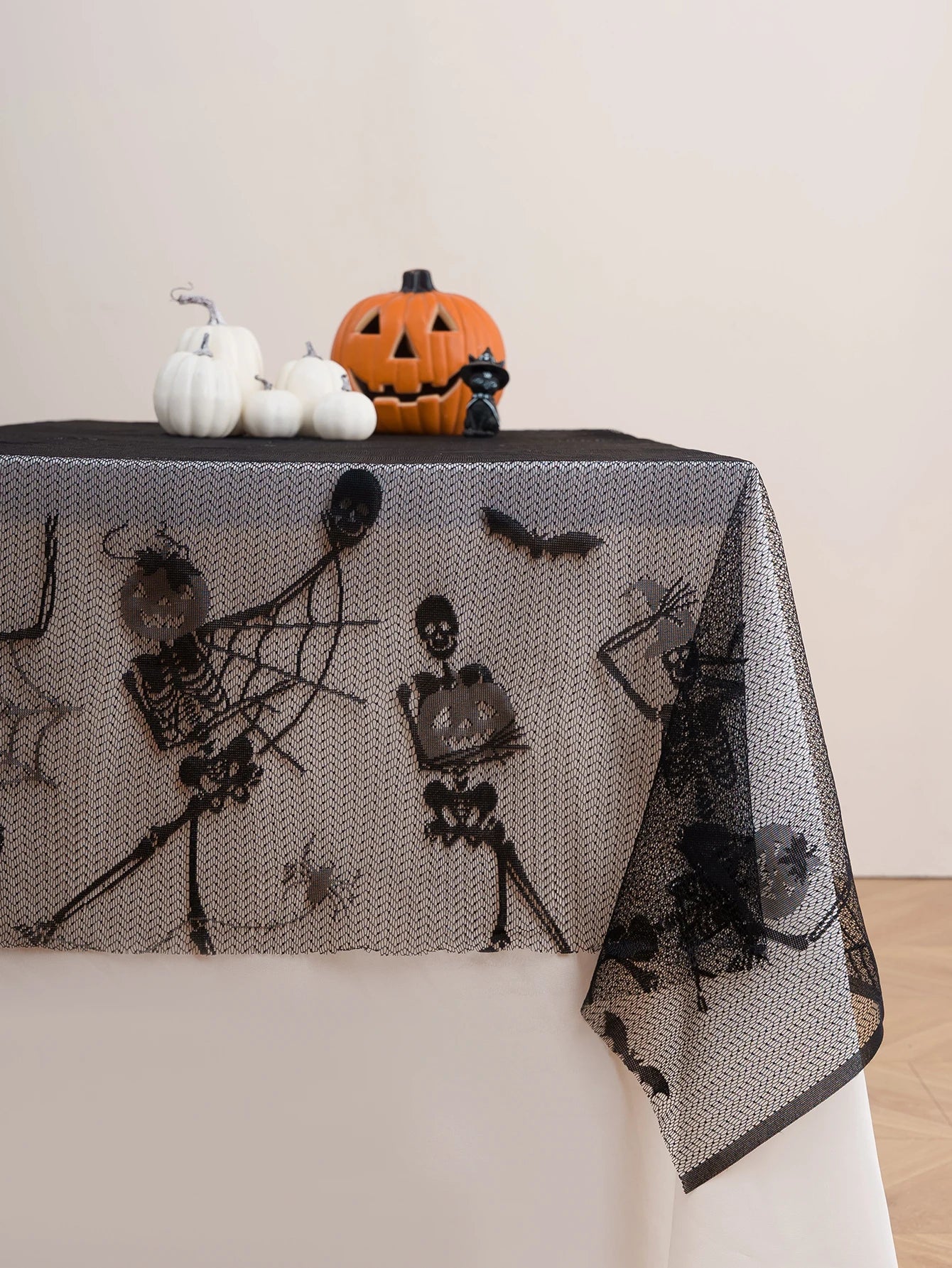 Halloween Black Skeleton Lace Tablecloth Decoration for Living Room, Bedroom, Night Terror Atmosphere