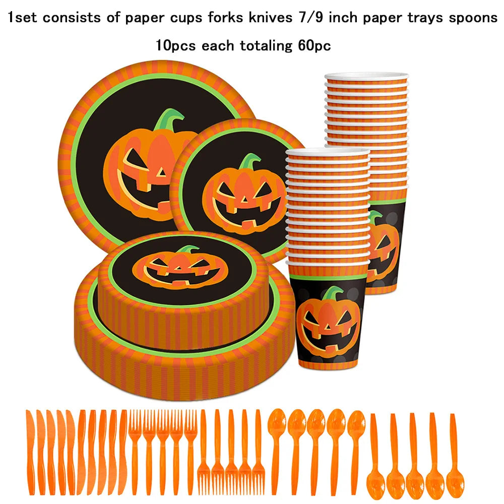 1/2set Disposable Tableware Halloween Theme Party Birthday Decorations Paper Cup Fork Knife 7/9 Inch Paper Tray Spoon Each 10pcs