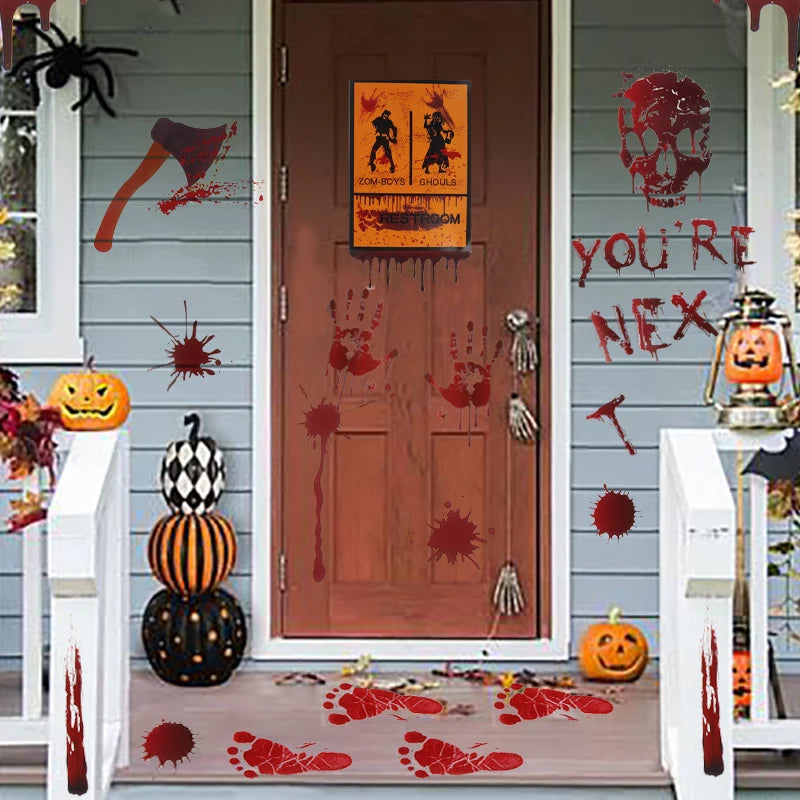 Halloween Bloody Handprint Window Stickers Horror Bloodstain Wall Sticker Haunted House Prop Halloween Party Floor Clings Decor