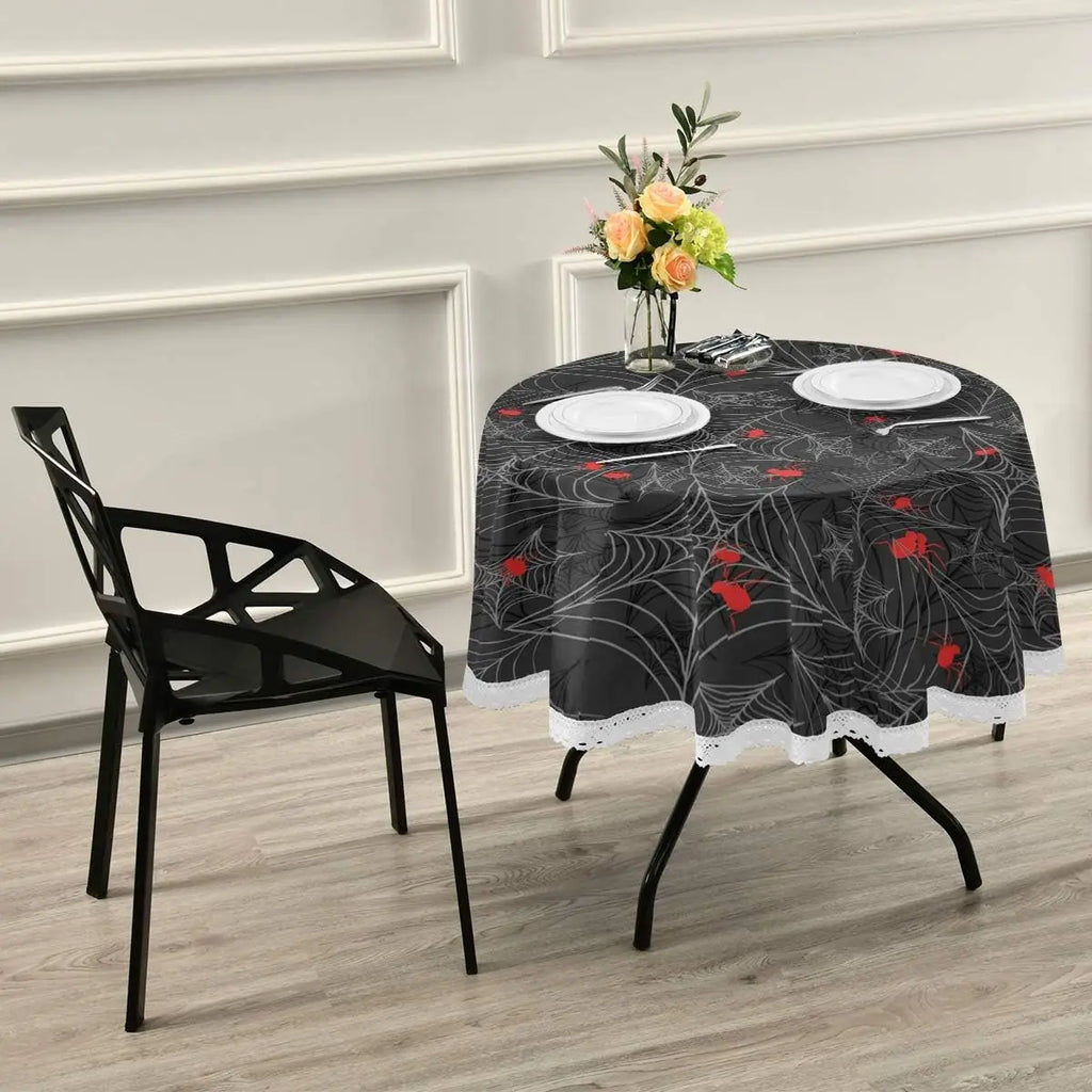 Red Spider Black Style Round Table Cloth, Halloween Horror White Lace Tablecloth Round Table 60 Inch for Dinner Table Decor