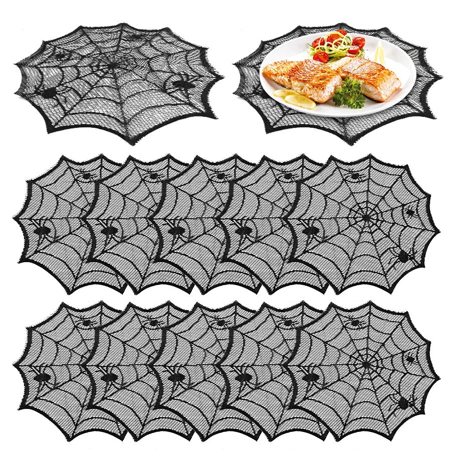 4pcs Halloween Spider Web Black Lace Placemats Halloween Party Home Dinner Table Decoration Polyester Cup Plate Mats Tablecloth