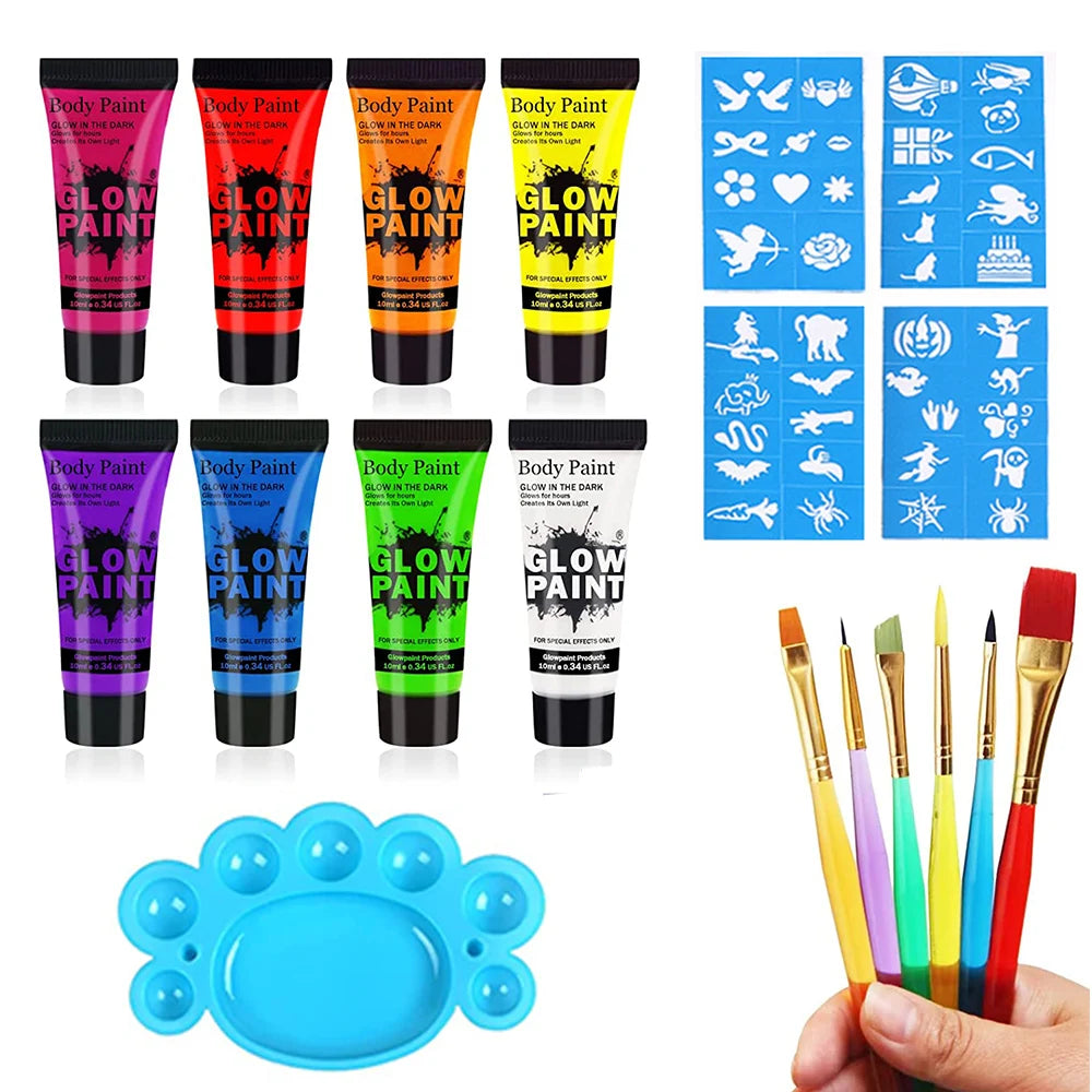 UV Neon Face Body Paint Glow in the Dark Makeup Set Fluorescent Painting for Adults Festivals Party Halloween Christmas