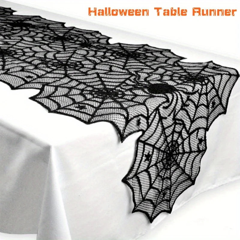 1pc New Halloween Spider Web Table Runner Black Lace Tablecloth Halloween Table Decor Festival Party Supplies