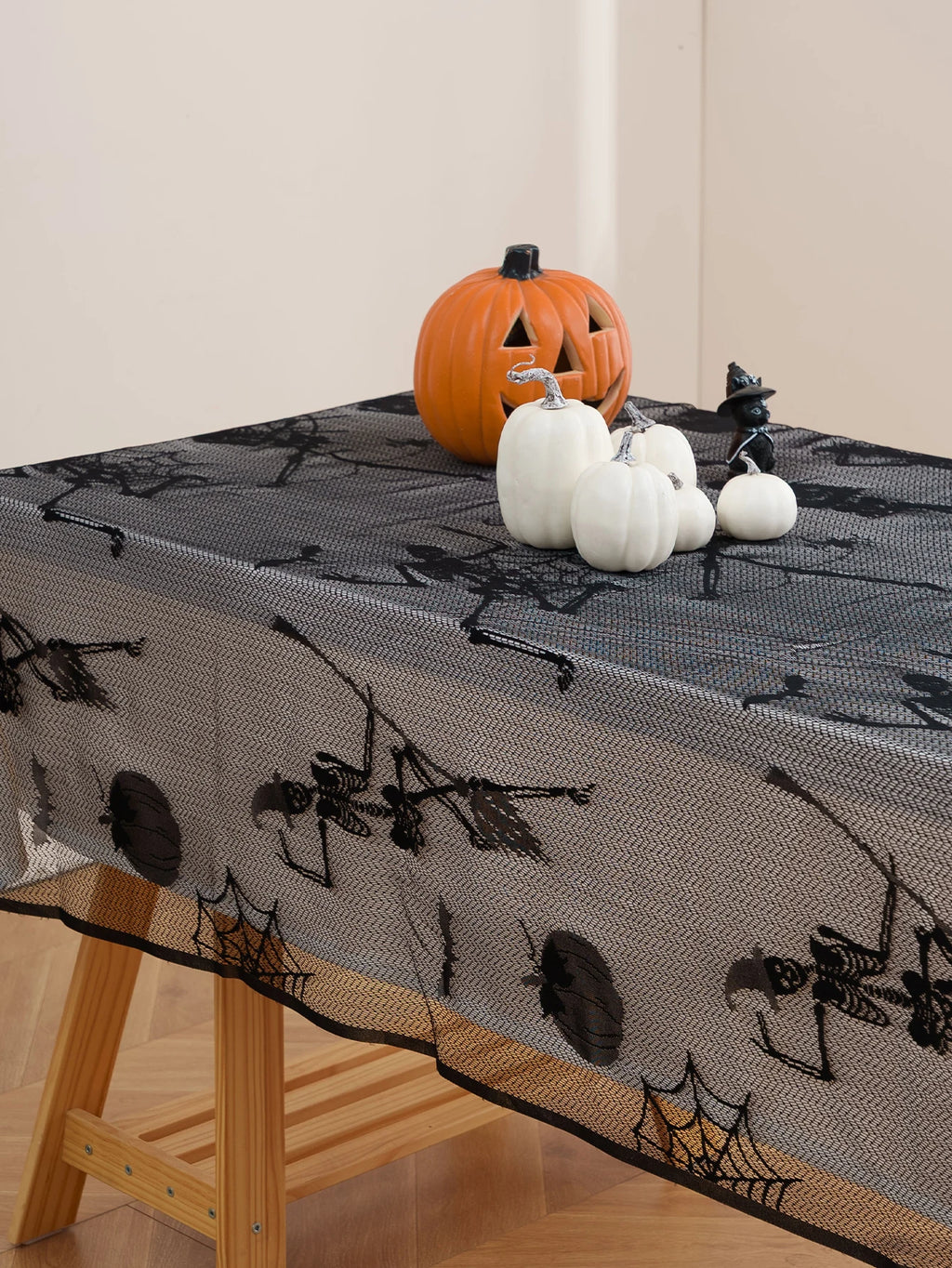 Halloween Black Skeleton Lace Tablecloth Decoration for Living Room, Bedroom, Night Terror Atmosphere