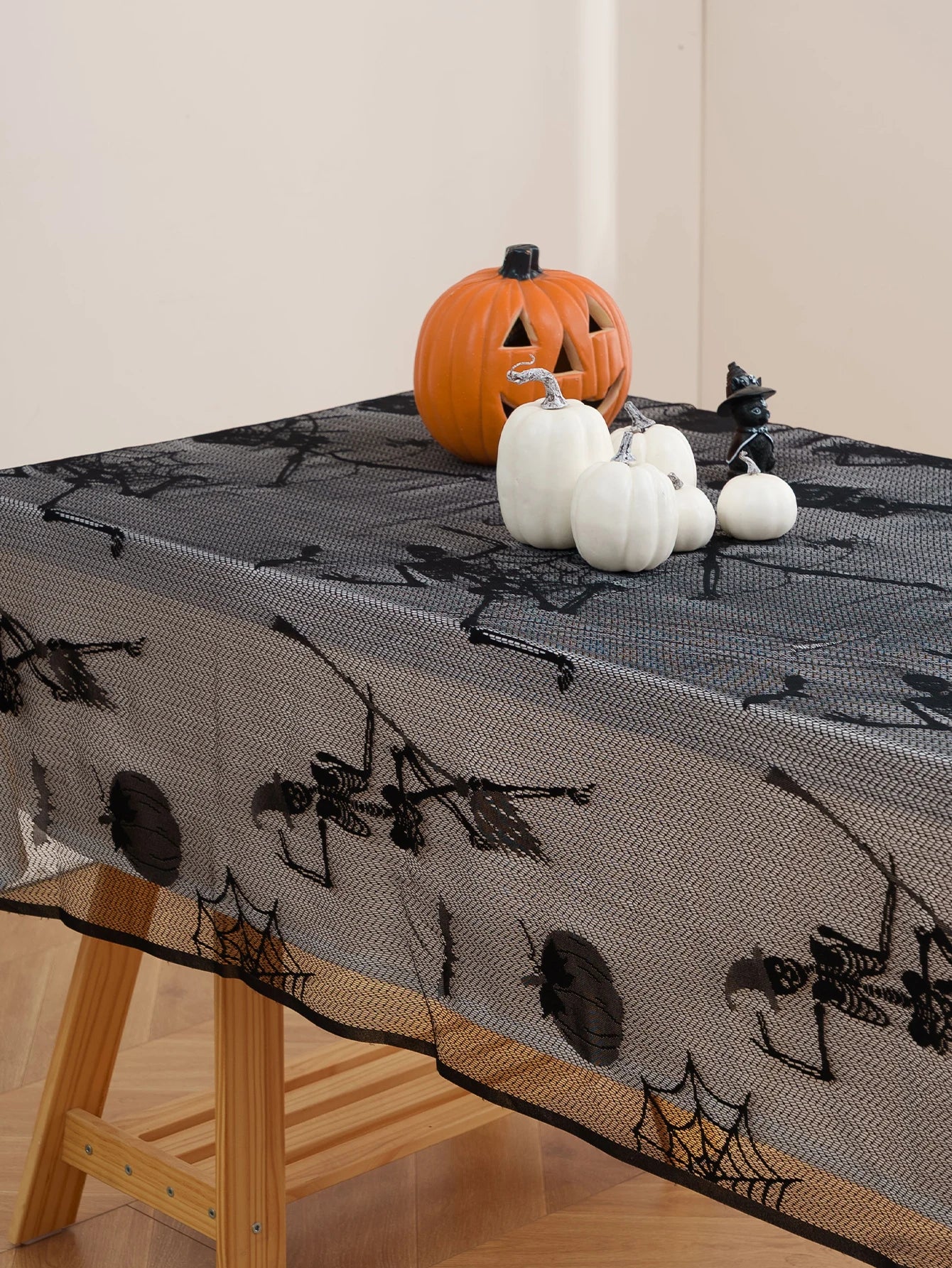 Halloween Black Skeleton Lace Tablecloth Decoration for Living Room, Bedroom, Night Terror Atmosphere