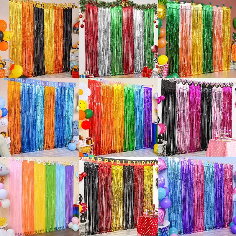 6PCS 2M High Foil Fringe Curtain Backdrop Holiday Theme Photo Booth for Halloween Christmas Birthday Wedding Party Decorations