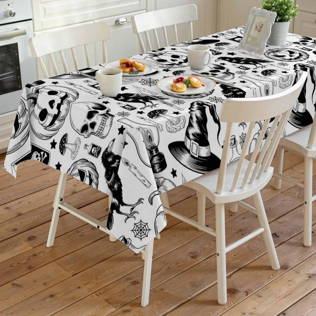 Halloween Pumpkin Spiderweb Skull Witch Hat Waterproof Tablecloth Table Decor Farmhouse Kitchen Dining Table Cloth Party Decor