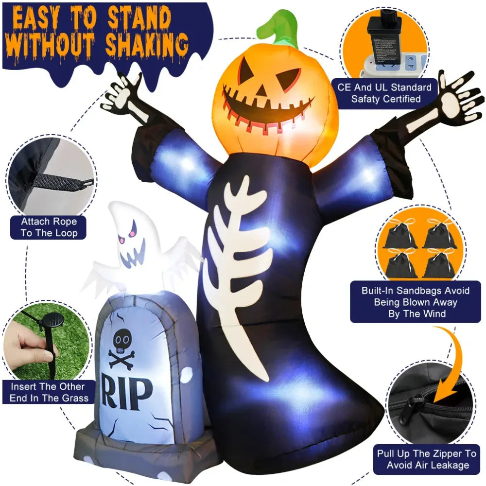 8FT Halloween Inflatables Decor Tombstone Ghost Pumpkin Skull With Led Outdoor Toys Holiday  DecorationsYard Party Blow Up