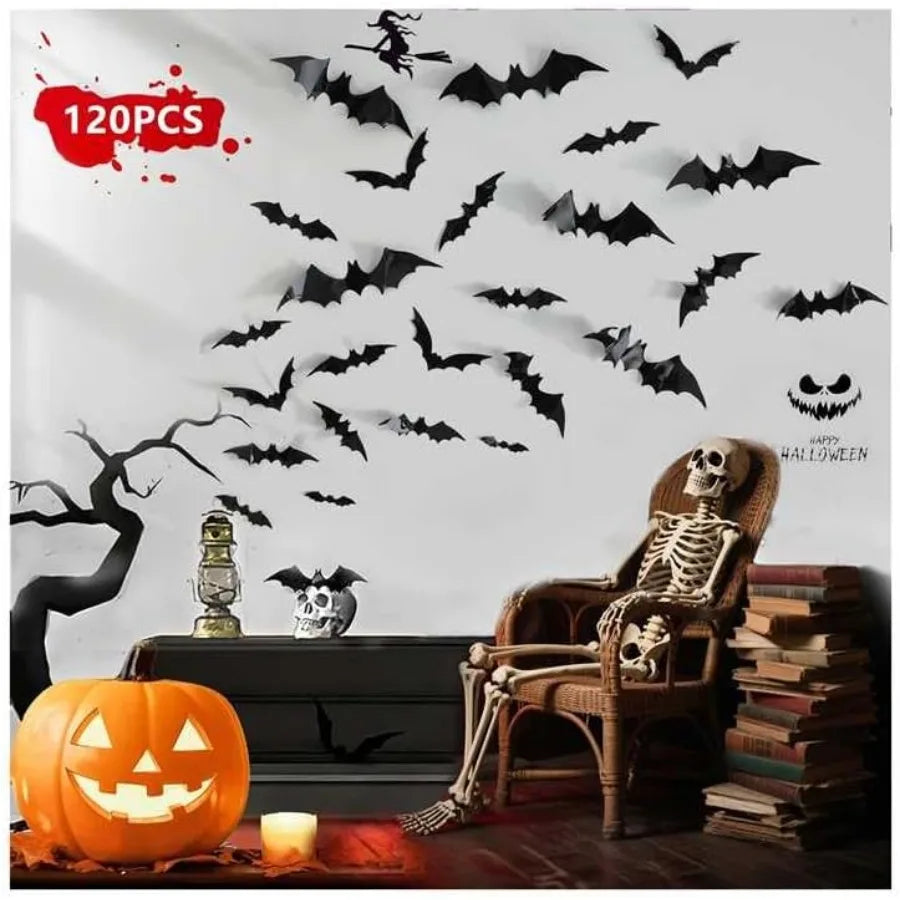 120pcs Halloween Bats Decorations for Outdoor and Indoor Use 3D Bat Stickers Ideal for Wall Window Home Kitchen Scary Theme Par