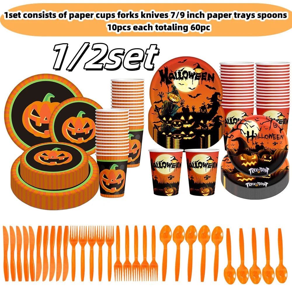 1/2set Disposable Tableware Halloween Theme Party Birthday Decorations Paper Cup Fork Knife 7/9 Inch Paper Tray Spoon Each 10pcs