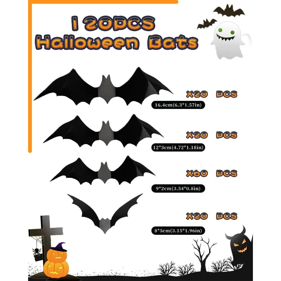 120pcs Halloween Bats Decorations for Outdoor and Indoor Use 3D Bat Stickers Ideal for Wall Window Home Kitchen Scary Theme Par