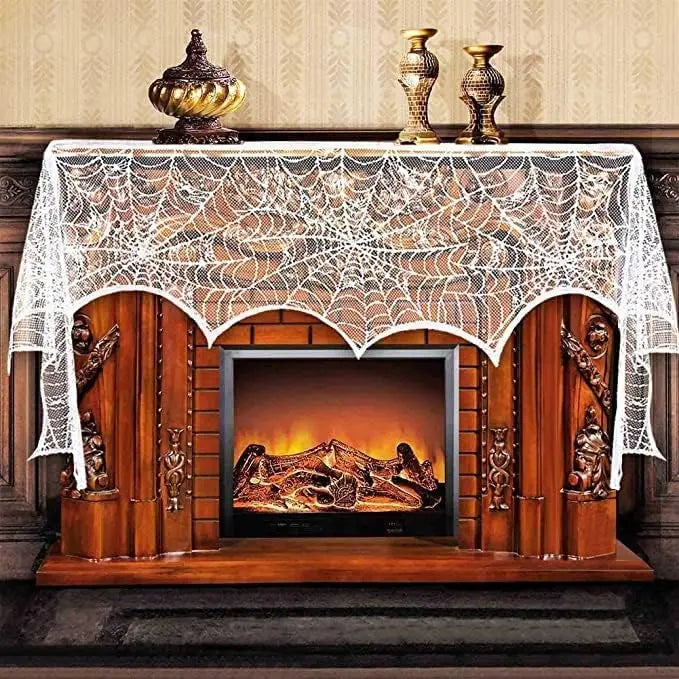 AerWo Halloween Decoration Black Lace Spiderweb Fireplace Mantle Scarf Cover Festive Party Supplies 45 X 243cm 18 x 96 inch