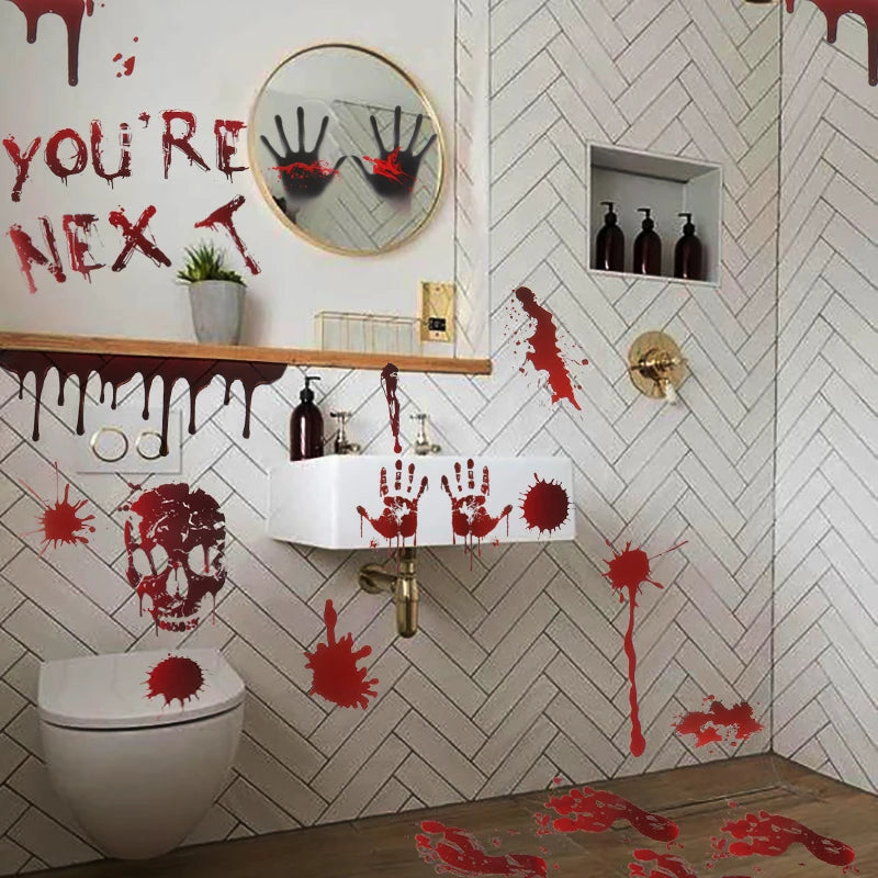 Halloween Bloody Handprint Window Stickers Horror Bloodstain Wall Sticker Haunted House Prop Halloween Party Floor Clings Decor