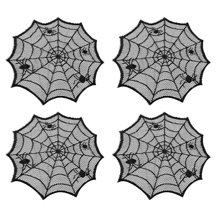 4pcs Halloween Spider Web Black Lace Placemats Halloween Party Home Dinner Table Decoration Polyester Cup Plate Mats Tablecloth