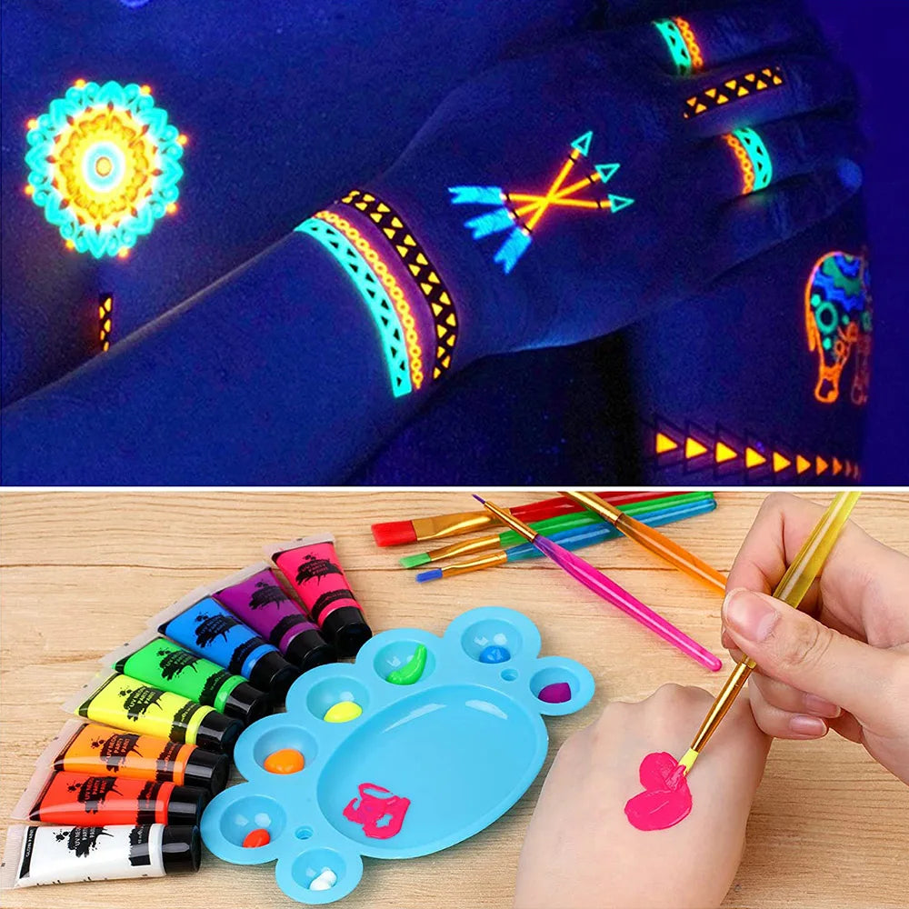 UV Neon Face Body Paint Glow in the Dark Makeup Set Fluorescent Painting for Adults Festivals Party Halloween Christmas